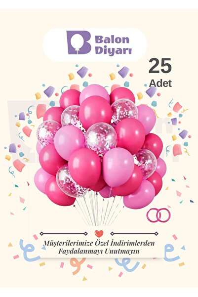 BALON DİYARI 25 Adet Fuşya - Pembe Şeffaf Konfetili Kaliteli Balon Seti