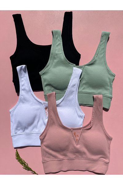 LEYNA BUTİK Fixed Pad Cotton Combed Camisole Fabric V-Neck 4-Piece Black, Green, Powder, White Crop Tank Top