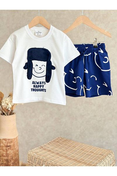 MİO Set de tricou cu slogan și pantaloni scurți bleumarin pentru băiat, din bumbac, alb, Always Happy Thoughts