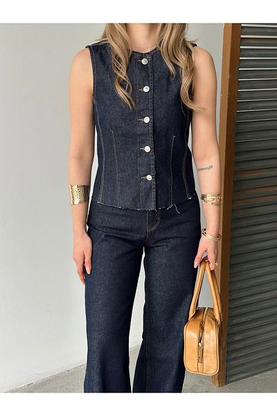 Femistik Women's Dark Navy Vest Palazzo Trousers Skinny Jeans Suit