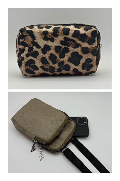 Bersia طقم نسائي مكون من قطعتين حقيبة هاتف وحقيبة مكياج طقم مكون من قطعتين ليوبارد - مينك