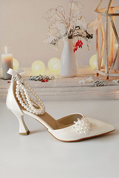 Modavien Women's 7 cm Special Design Pearl Mother of Pearl Bridal Shoes