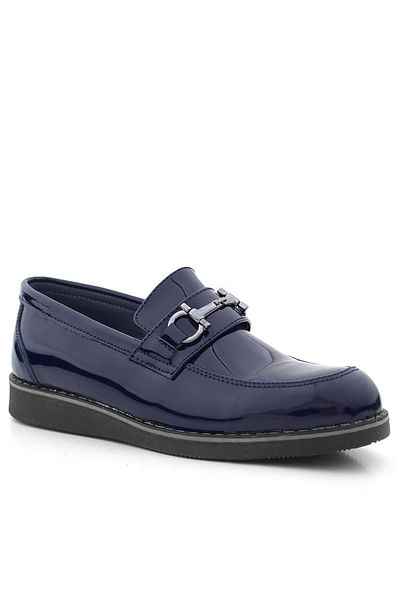 Rakerplus Genuine Leather Navy Blue Patent Leather Buckle Loafer Children's Classic Shoes