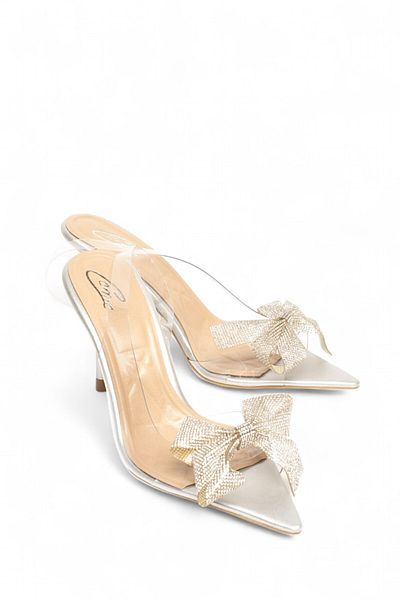 ELAIA SHOES Velina - Women's Transparent Banded Thin Heeled Shoes with Stone Bow Detail Silver Skin