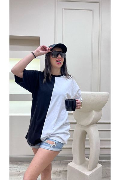 VBSVİBES تي شيرت جيرسيه مفرد عمودي أبيض وأسود - تي شيرت كبير الحجم بياقة دائرية وأكمام قصيرة