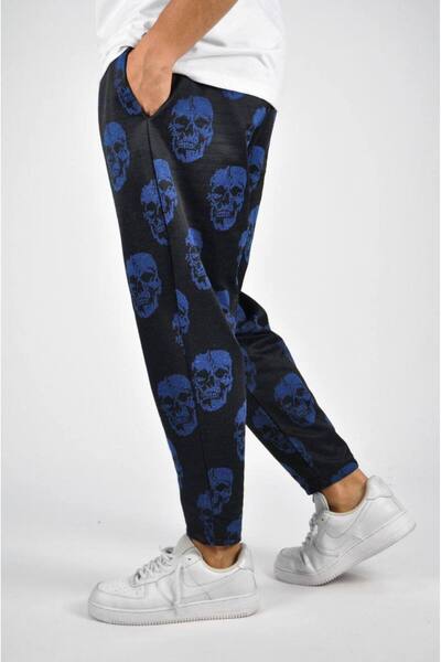 SUPERBLUE Men's Skull Patterned Casual Blue Baguette Trousers