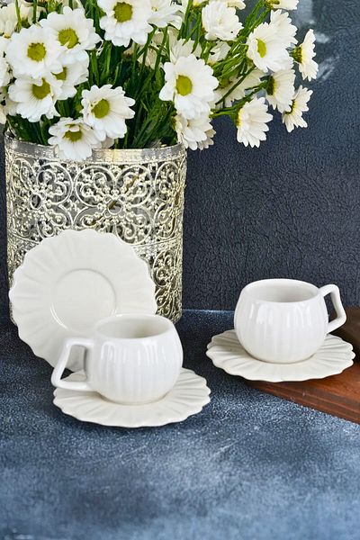 Woodcept 2 Personality Handmade Luxury Daisy Ceramic Coffee Cup Set 90 ml 4 Pieces