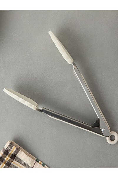 Home Silikon Uçlu Metal Maşa Krem Renk Servis, Mangal Ve Kızartma Maşası (26 Cm)