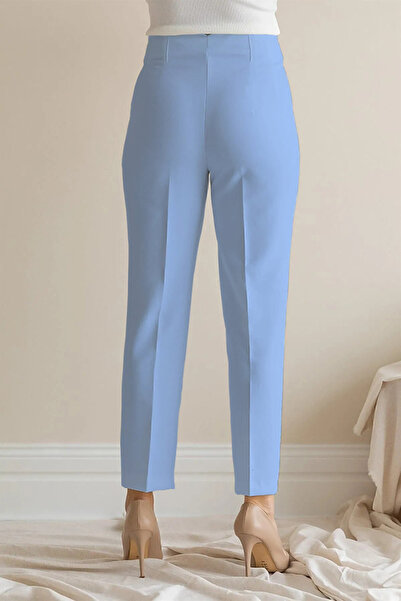 MODA High Waist Stitching Detailed Pencil piped Carrot Slim Leg Blue Fabric Pants
