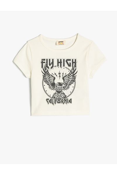 Koton New Season Crop T-shirt με κοντό μανίκι Crew λαιμόκοψη εμπριμέ βαμβακερό