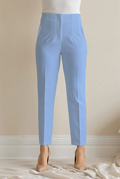 MODA High Waist Stitching Detailed Pencil piped Carrot Slim Leg Blue Fabric Pants