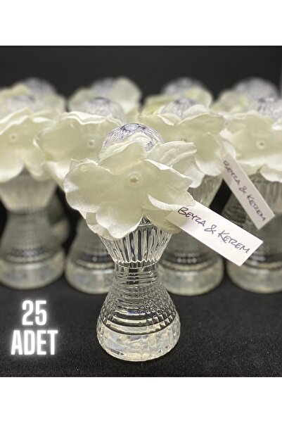 MayaArtDesign Beyaz Çiçek Detaylı Mika Şişe 50cc Limon Kolonyası - Söz - Nişan - Bebek Hediyelik (25 ADET)