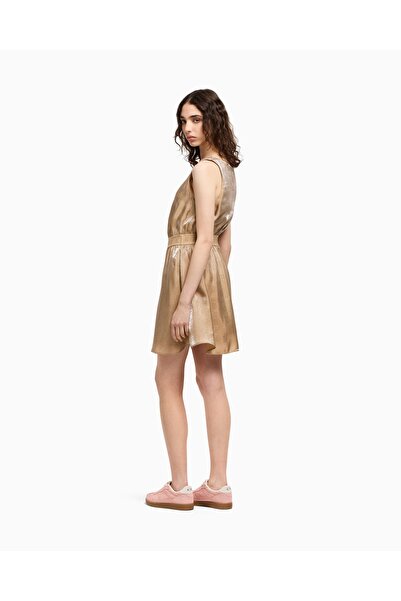 Armani Exchange Kadın Lastikli Bel Bandı İki Yan Cep Saten Parlak Kumaş V yaka Gold Elbise XW000177 AF12055-F1018