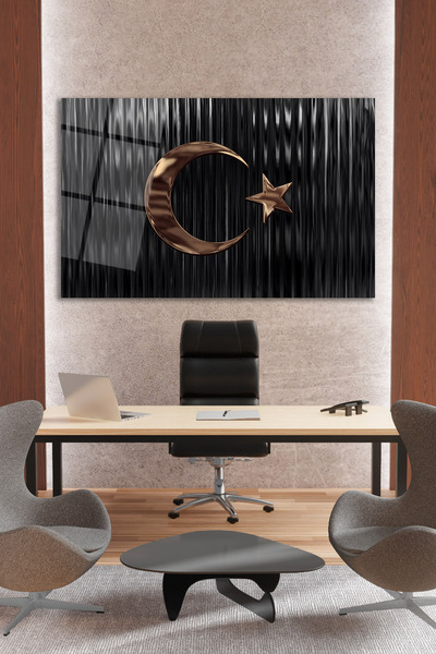 home dekors Türk Bayrağı Yatay Siyah ve Bakır Renk Cam Tablo, Ev, İş, Kurum, ...