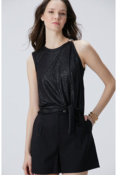 Network Siyah Varaklı Keten Karışımlı T-shirt