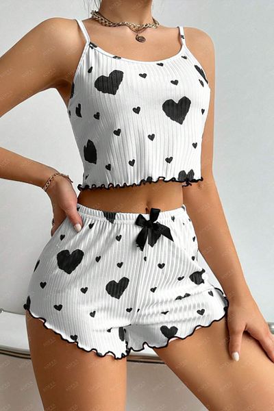 Sofya Passion Women's Pajama Set with Straps, Heart Patterned Nightgown Shorts Set