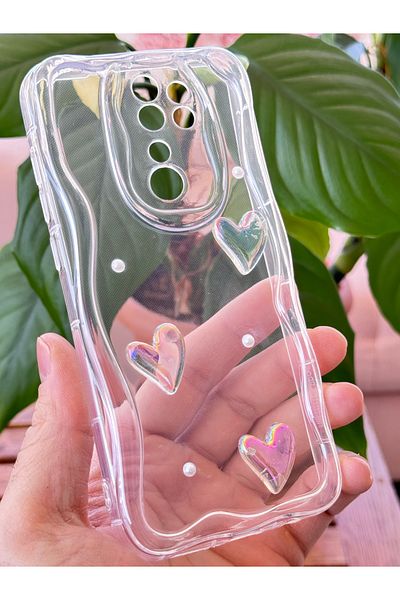 Fibaks حافظة هاتف Xiaomi Redmi Note 8 Pro ثلاثية الأبعاد بتصميم لؤلؤي على شكل قلب وغطاء من السيليكون الشفاف لحماية الكاميرا
