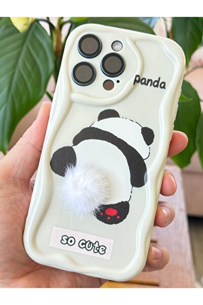 Fibaks İphone 15 Pro Max Uyumlu Kılıf Tasarımlı Desenli Kamera Korumalı Panda Beyaz Püsküllü Silikon Kapak