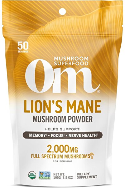 OM MUSHROOM مسحوق فطر عضوي فائق التغذية من أوم، عرف الأسد، 3.5 أونصة (50 حصة)...