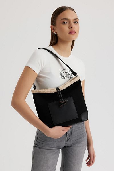 Shule Bags Geanta de umar Poloni din piele intoarsa neagra