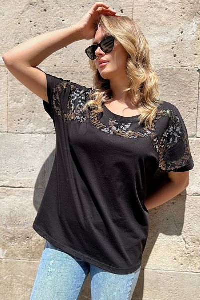 RICH GLAM Tricou de damă, negru, elegant, confortabil, din bumbac, leopard, cu piatră de cristal
