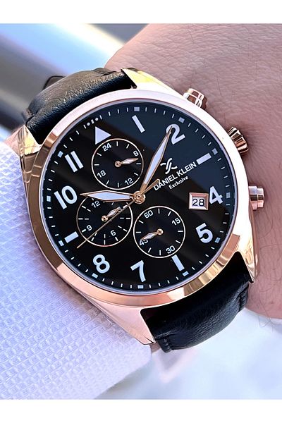 Daniel Klein Black Leather Cord Rose Case Interior Functions Active 30m Water Resistant Men Wrist Watch