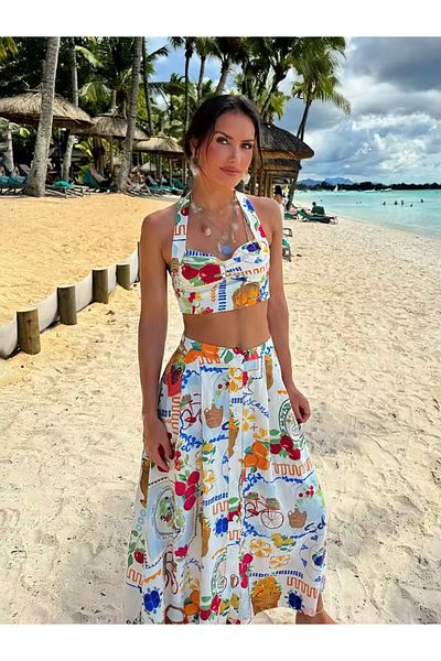 FASHION COCKTAIL Tropical Colorful Printed Fun Thick Strap Crop Buttoned Long Skirt Summer Vacation Suit