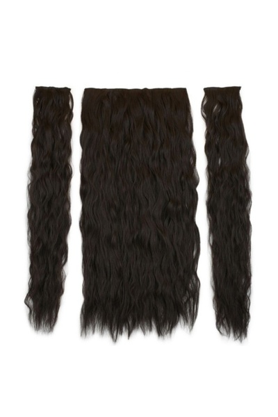 AKOLİFE Koyu Kahve Yoğun Dalgalı Yarımay + 2 Yan Çıt Çıt Postiş Set