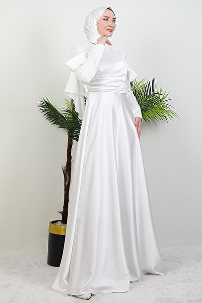 GİYZAMİLA Kolu Drapeli Pullu Abiye Beyaz