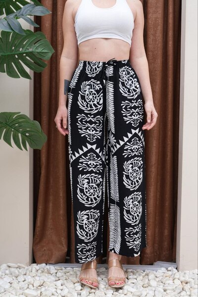 cicigünler Women's Viscose Fabric Black Color Elastic Waist Patterned Trousers
