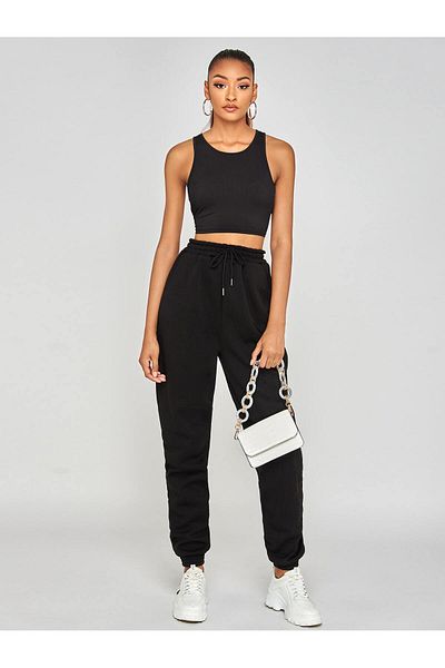 twentyone Pantaloni de sport negri Jogger, cu două fire, cu talie elastică