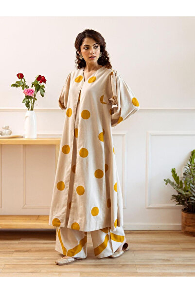 Ishin By Styli Geometric Print V Neck A-Line Kurta and Pants Set