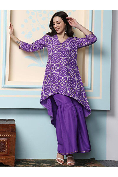 Ishin By Styli Printed V-Neck Asymmetric Hem Kurta with Sharara Sets
