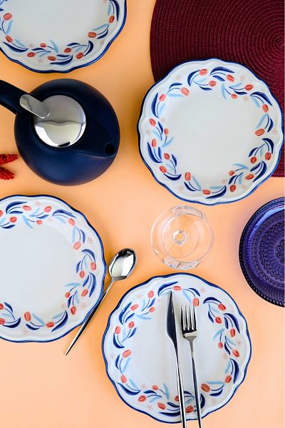 tabakevi Plate House Porcelain Tulip Fulya Pasta Set with Rim 21cm 4 Persons 4 Pieces Fly4Ptprs1157