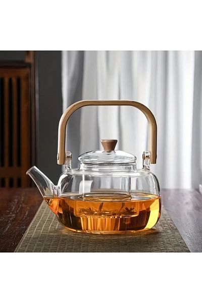 BulutRetail Glass Filtered Teapot with Wooden Handle