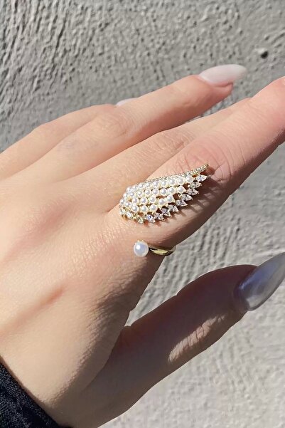 TakıDolabı حلقة قابلة للتعديل بجناح ذهبي اللون ومزينة باللؤلؤ