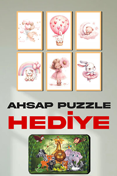 Lotus Digital Sevimli Tavşan Ayı Balon Temalı 6 lı Tablo Set Bohem Çocuk Odas...