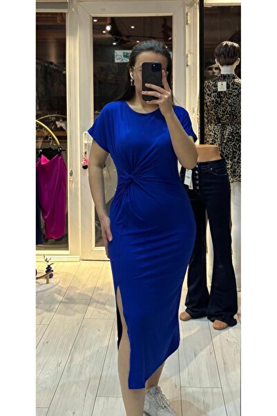 TRENDBUTİK Elbise Büzgü Detay Lacivert Kadın