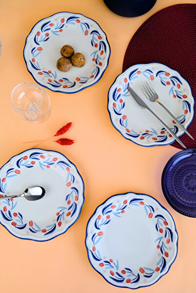 tabakevi Plate House Porcelain Tulip Fulya Pasta Set with Rim 21cm 4 Persons 4 Pieces Fly4Ptprs1157