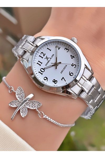 Daniel Klein Brand Silver Color Stoned Women's Wristwatch with Bracelet Gift