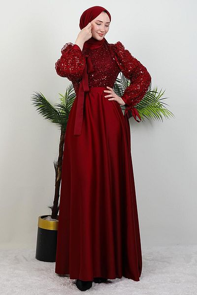 GİYZAMİLA Burgundy Evening Dress Satin Showing Details
