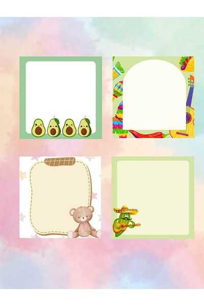 Ez&Tu Stıcker 4-Piece Patterned Cube Note with Little Teddy Bear, Avocado, Guitar and Cactus