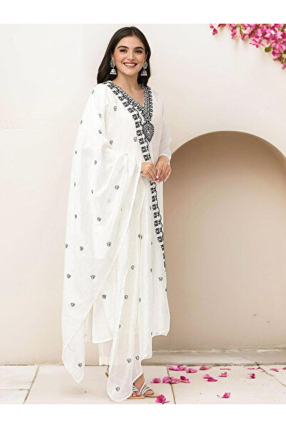 Ishin By Styli Embroidered A-Line Kurta and Pants with Dupatta Set