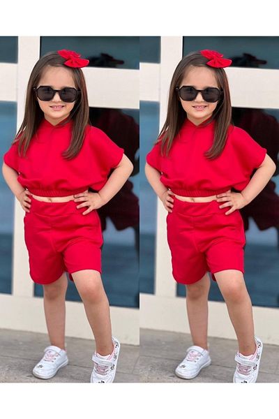 KTT TEKSTİL Girl's Hooded Short Sleeve Blouse and Shorts 2 Piece Summer Set