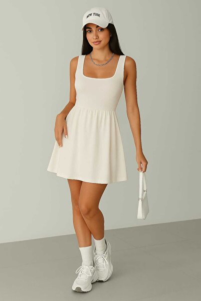 KİM Kİ O Women's Square Collar Flexible Inner Shorts Fitness Travel Sports Walk Daily Dress