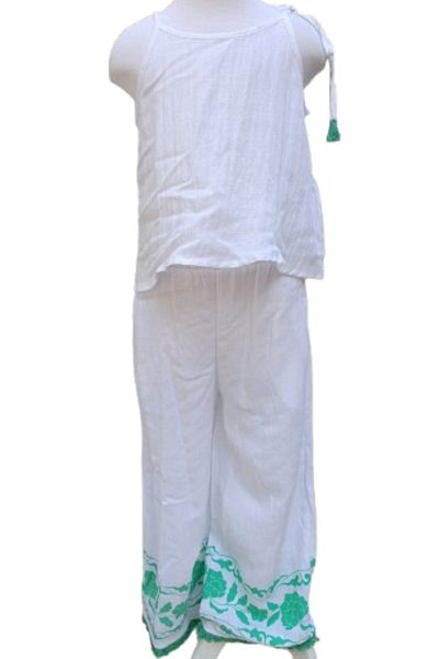 Çikoby Girl's Double Suit Rope Strap Blouse + Printed Trousers White - Green