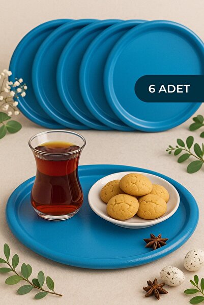 Fiyakalı Ürünler Atölyesi 6'lı Turkuaz Yuvarlak Metal Tepsi, Tek Kişilik Çay ...