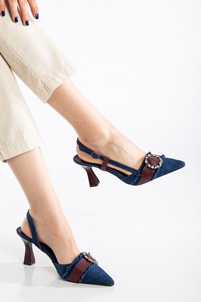 shop Denim Jeans Leather Detailed Round Stone Buckle Slingback Shoes