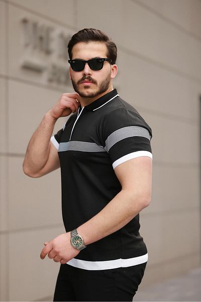 Miron Μαύρο ριγέ και φερμουάρ Λεπτομέρειες Πλεκτό γιακά Polo Κοντομάνικο T-shirt 2512