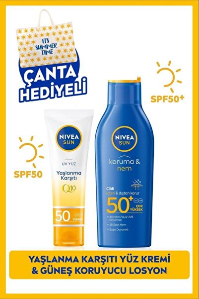 NIVEA Sun Güneş Koruyucu Vücut Losyonu 200ml Ve Q10 Yaşlanma Karşıtı Yüz Kremi 50ml, Spf50, Çanta Hediye